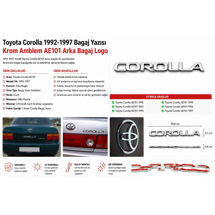 Toyota Corolla Bagaj Yazısı Krom Amblem 1992-1997 AE101 Arka Bagaj Logo Uyumlu