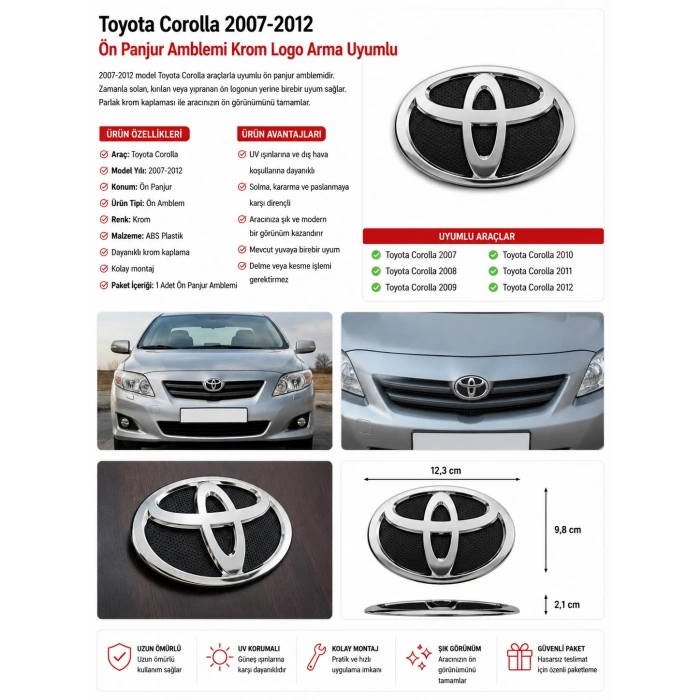 Toyota Corolla Ön Panjur Amblemi Krom Logo 2007-2012 Uyumlu