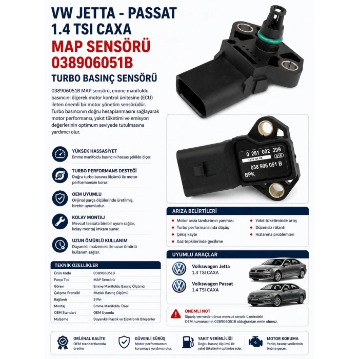 VW Jetta Passat 1.4 TSI CAXA MAP Sensörü 038906051B Turbo Basınç Sensörü