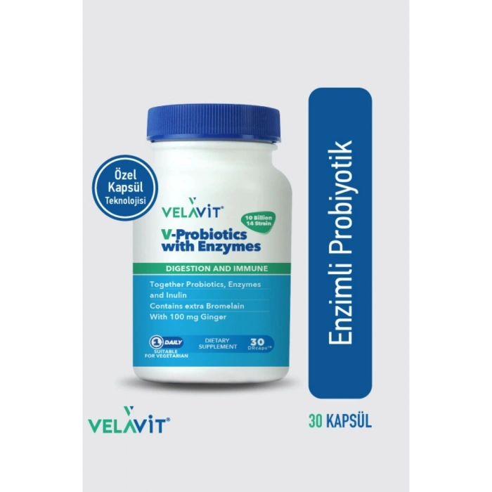V-Probiotics with Enzymes - Enzimli Probiyotik - Glutensiz 30 Kapsül - 10 milyar KOB - Probiyotikler ve Sindirim Enzimleri Beraber