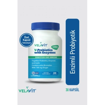 V-Probiotics with Enzymes - Enzimli Probiyotik - Glutensiz 30 Kapsül - 10 milyar KOB - Probiyotikler ve Sindirim Enzimleri Beraber