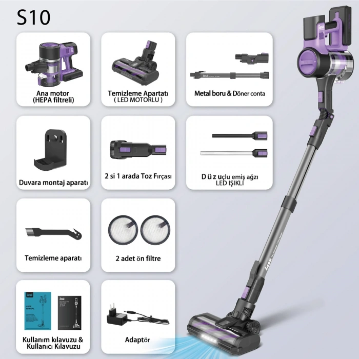 INSE S10P Cordless Vacuum Cleaner Şarjlı Dikey Süpürge Mor