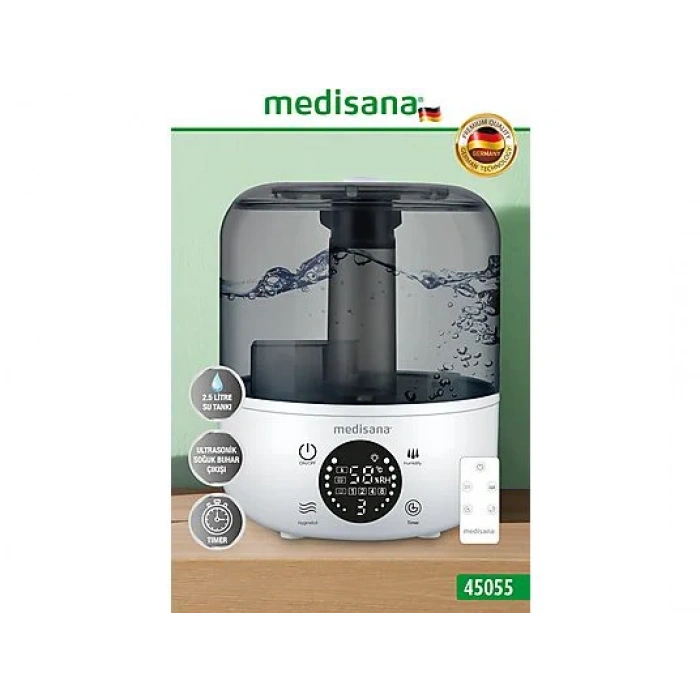 MEDISANA 45055 Ekranlı Aroma Fonksiyonlu 2.5L Buharlı Hava Nemlendirme Cihazı Beyaz