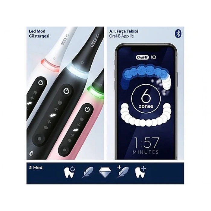 ORAL B iO 5 2'li Şarjlı Diş Fırçası Seti + Seyahat Kabı Siyah Beyaz