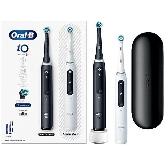 ORAL B iO 5 2'li Şarjlı Diş Fırçası Seti + Seyahat Kabı Siyah Beyaz
