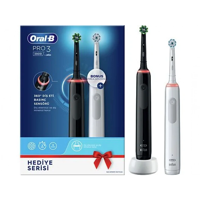 ORAL B Pro 3900 Şarjlı Diş Fırçası 2'li Avantaj Paketi Siyah&Beyaz