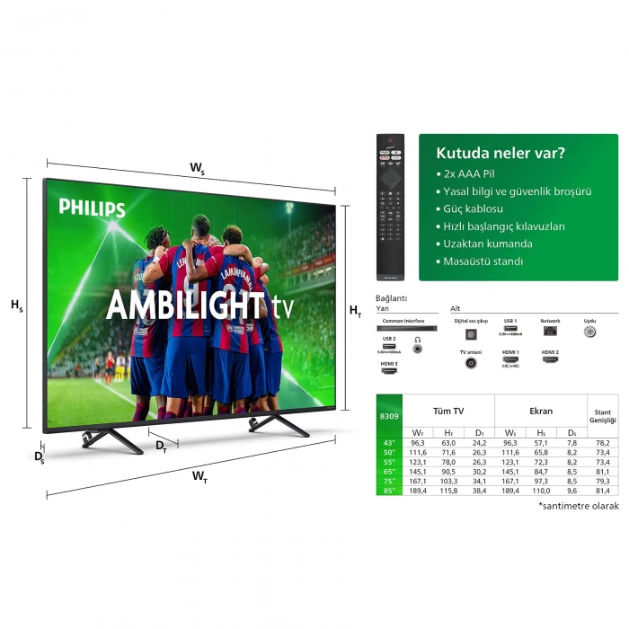 PHILIPS 75PUS8309/12 75 inç 189 Ekran Smart 4K UHD Dolby Vision Dolby Atmos Titan OS Ambilight LED TV