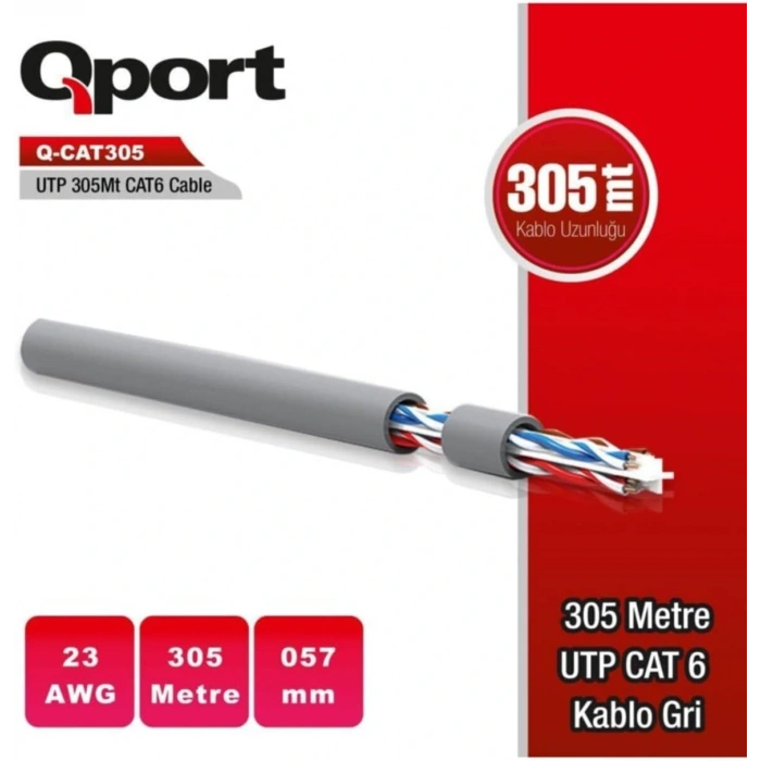 Qport Q-CAT6 CAT6 305M UTP 23Awg Kablo Gri