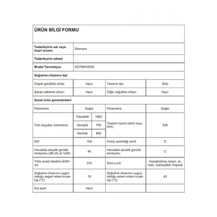 Siemens KG76NVIE0N 522 L Kombi No Frost Buzdolabı