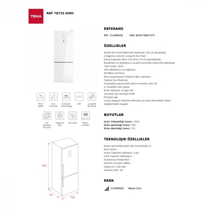 Teka RBF 78725 GWH EU No Frost Beyaz Solo Buzdolabı