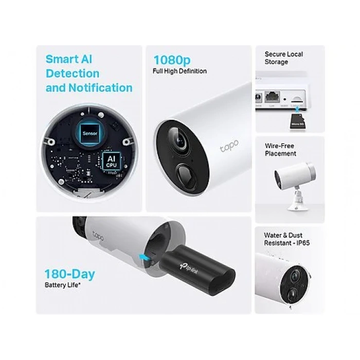 TP-LINK Tapo C400S2 Bataryalı Akıllı Kablosuz Güvenlik Kamerası Sistemi 2'li Kamera Kiti Beyaz Siyah