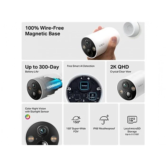 TP-LINK Tapo C425, 2K 4MP QHD, 150° Starlight Sensör, Yapay Zeka Destekli Kablosuz Güvenlik Kamerası