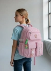 Açık Pembe Kore Model Çok Bölmeli Suya Dayanıklı Okul Çantası Yerli Üretim