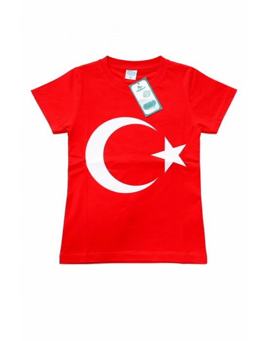 ataş Çocuk Bayraklı Tişört Kırmızı & Beyaz Renk 23 Nisan, 19 Mayıs, 29 Ekim Özel Pamuklu Kısa Kol