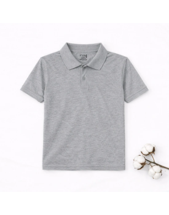 Gri Okul Tişörtü Unisex Kısa Kollu Polo Yaka Pamuklu Düz Renk