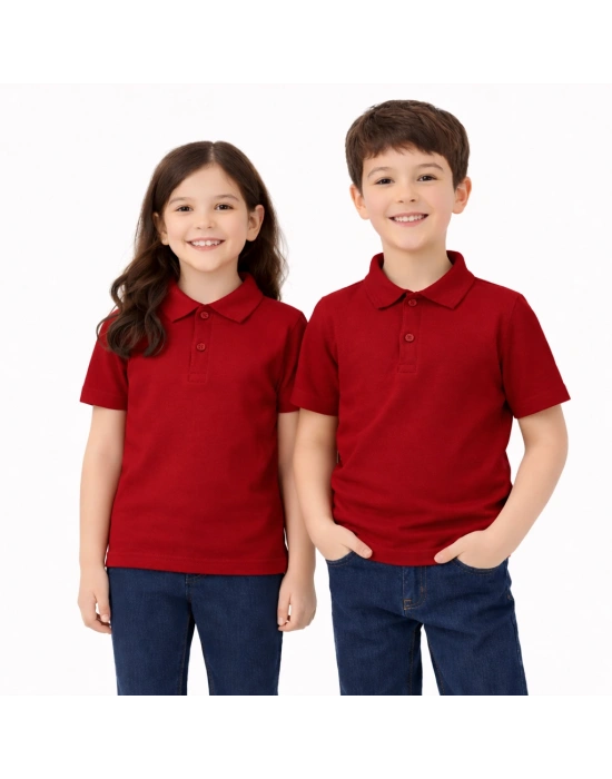 Bordo Okul Tişörtü Unisex Kısa Kollu Polo Yaka Pamuklu Düz Renk