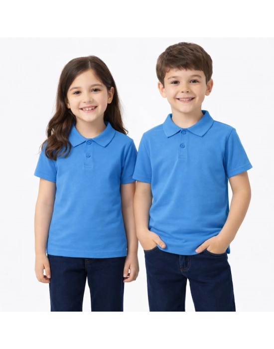 Mavi (gökmavisi) Okul Tişörtü Unisex Kısa Kollu Polo Yaka Pamuklu Düz Renk