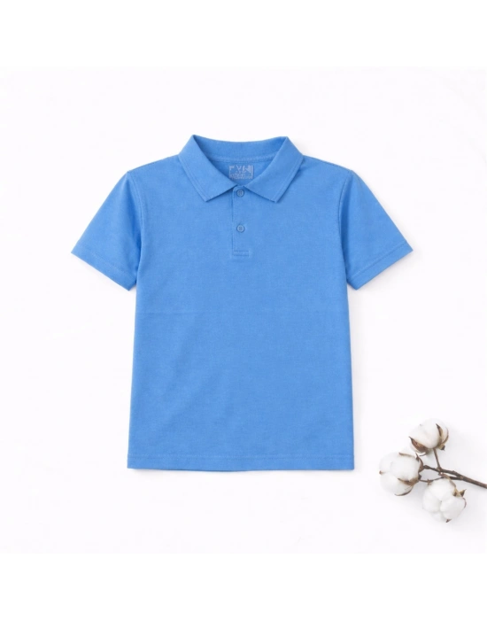 Mavi (gökmavisi) Okul Tişörtü Unisex Kısa Kollu Polo Yaka Pamuklu Düz Renk