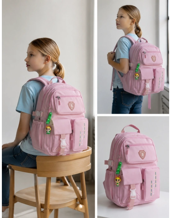 Açık Pembe Kore Model Çok Bölmeli Suya Dayanıklı Okul Çantası Yerli Üretim
