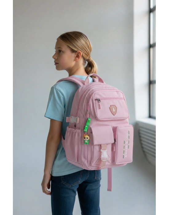 Açık Pembe Kore Model Çok Bölmeli Suya Dayanıklı Okul Çantası Yerli Üretim