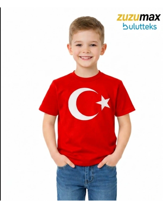 ataş Çocuk Bayraklı Tişört Kırmızı Renk 23 Nisan, 19 Mayıs, 29 Ekim Özel Pamuklu Kısa Kol