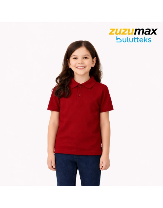 Bordo Okul Tişörtü Unisex Kısa Kollu Polo Yaka Pamuklu Düz Renk
