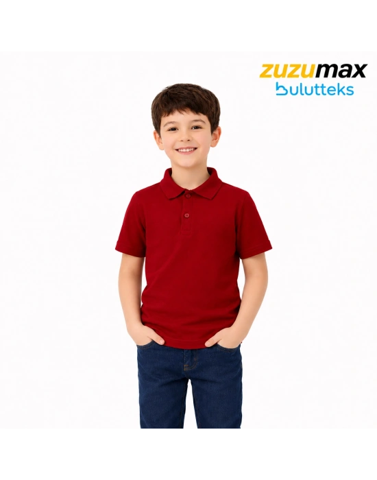 Bordo Okul Tişörtü Unisex Kısa Kollu Polo Yaka Pamuklu Düz Renk