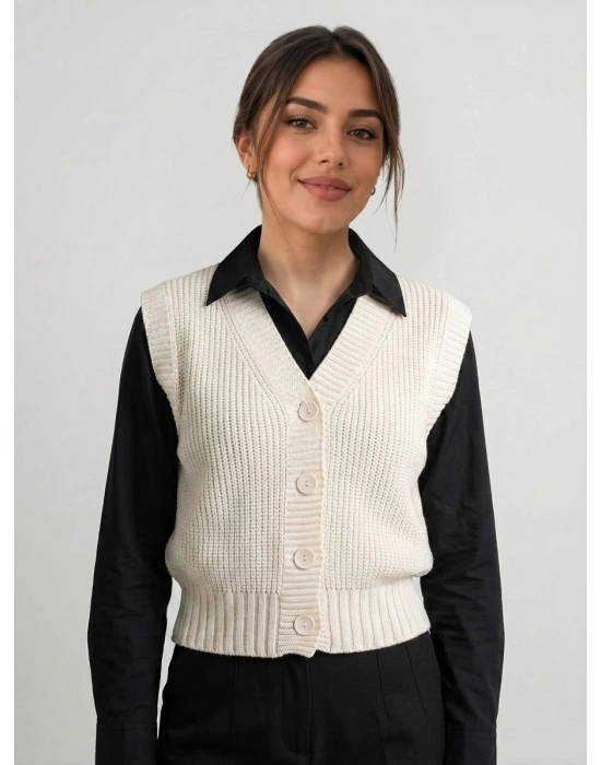 EKRU Kadın Triko Yelek –suveter model Esnek Kışlık Kısa Model, Şık ve Modern Duruş