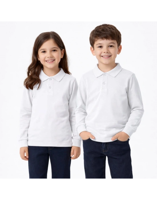 okul beyaz Polo Yaka uzunkol tişört kıyafetleri üniforması çocuk genç