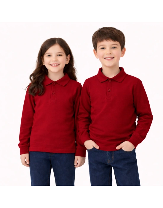 okul bordo Polo Yaka uzunkol tişört kıyafetleri üniforması çocuk genç