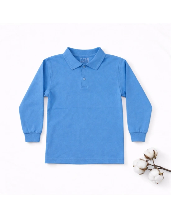 okul mavi ( gök mavisi ) Polo Yaka uzunkol tişört kıyafetleri üniforması çocuk genç