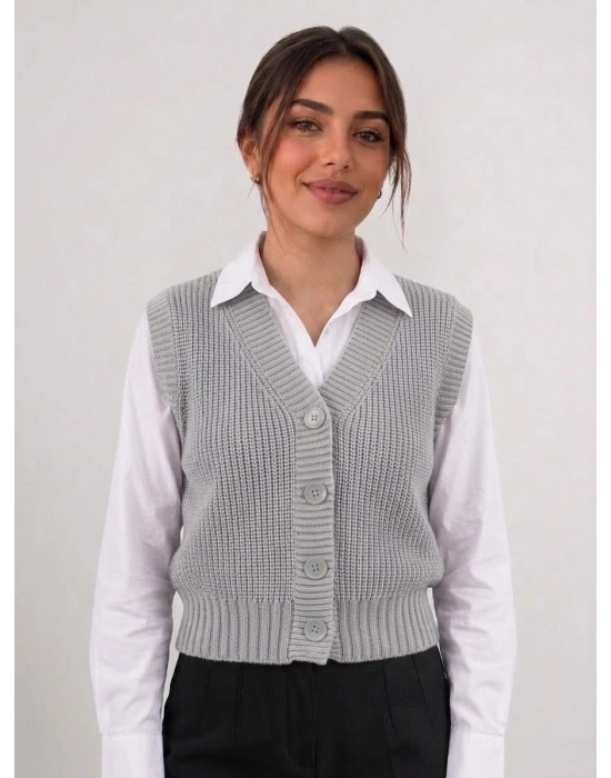 GRİ Kadın Triko Yelek –suveter model Esnek Kışlık Kısa Model, Şık ve Modern Duruş