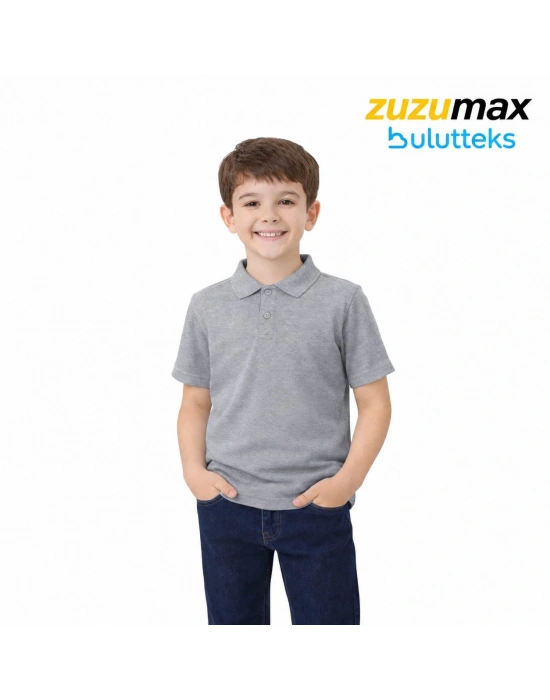 FYN Gri Okul Tişörtü Unisex Kısa Kollu Polo Yaka Pamuklu Düz Renk