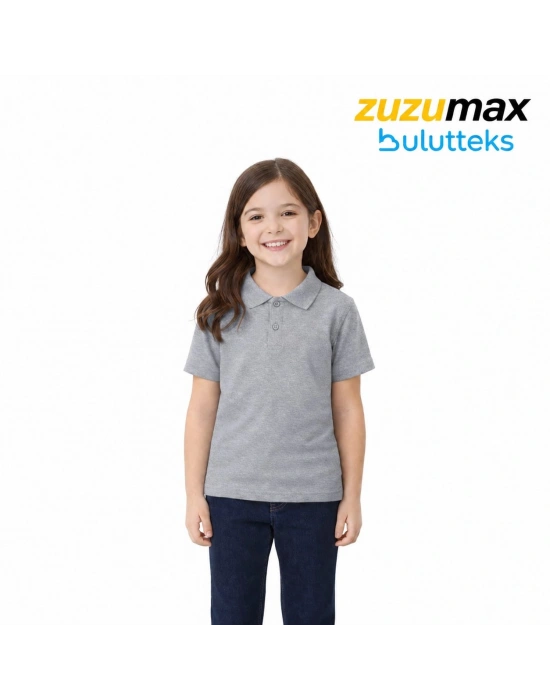FYN Gri Okul Tişörtü Unisex Kısa Kollu Polo Yaka Pamuklu Düz Renk