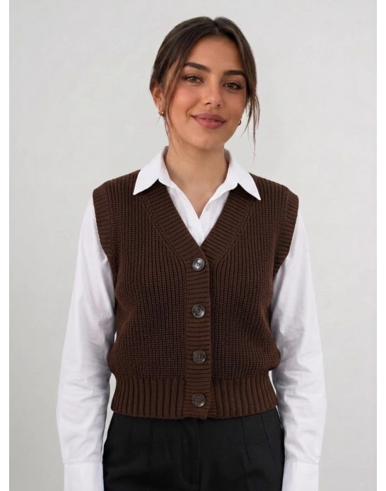 KAHVE Kadın Triko Yelek –suveter model Esnek Kışlık Kısa Model, Şık ve Modern Duruş