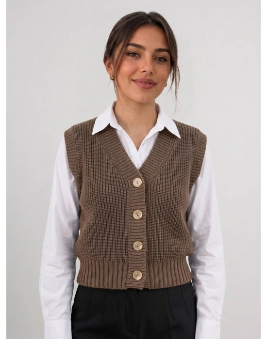 (KOYU BEJ)Kadın Triko Yelek –suveter model Esnek Kışlık Kısa Model, Şık ve Modern Duruş