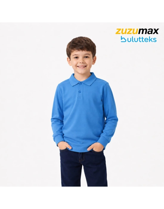 okul mavi ( gök mavisi ) Polo Yaka uzunkol tişört kıyafetleri üniforması çocuk genç