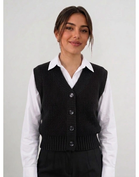 SİYAH Kadın Triko Yelek –suveter model Esnek Kışlık Kısa Model, Şık ve Modern Duruş