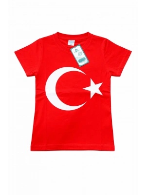 ataş Çocuk Bayraklı Tişört Kırmızı Renk 23 Nisan, 19 Mayıs, 29 Ekim Özel Pamuklu Kısa Kol