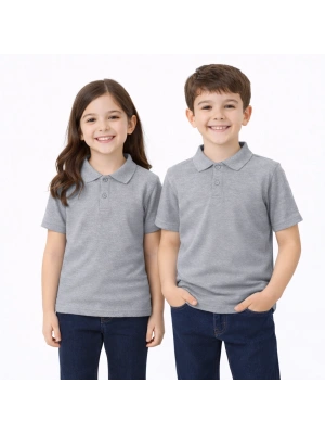 Gri Okul Tişörtü Unisex Kısa Kollu Polo Yaka Pamuklu Düz Renk