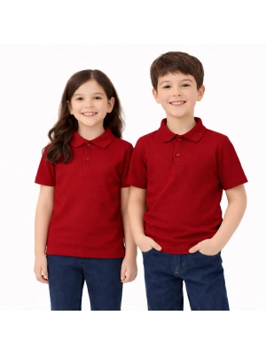 Bordo Okul Tişörtü Unisex Kısa Kollu Polo Yaka Pamuklu Düz Renk