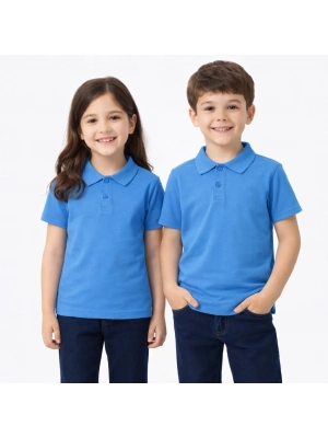 Mavi (gökmavisi) Okul Tişörtü Unisex Kısa Kollu Polo Yaka Pamuklu Düz Renk