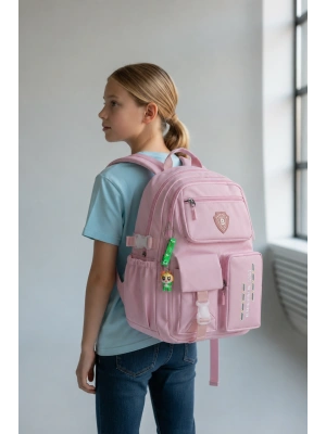 Açık Pembe Kore Model Çok Bölmeli Suya Dayanıklı Okul Çantası Yerli Üretim