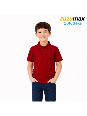 Bordo Okul Tişörtü Unisex Kısa Kollu Polo Yaka Pamuklu Düz Renk