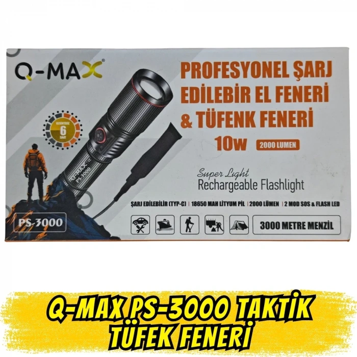 Q-max PS-3000 Taktik Tüfek Feneri 10W - 18650 Lityum Pilli, Yüksek Lümen Gücü