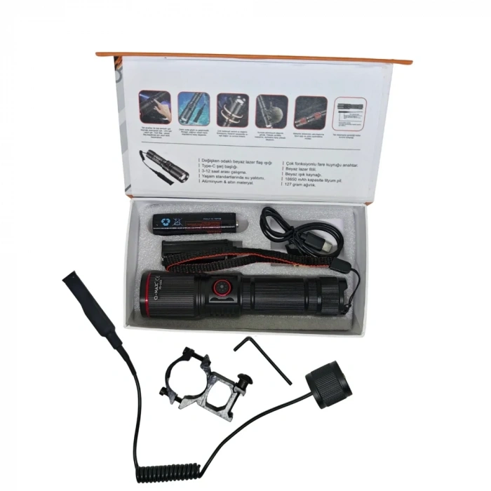 Q-max PS-3000 Taktik Tüfek Feneri 10W - 18650 Lityum Pilli, Yüksek Lümen Gücü