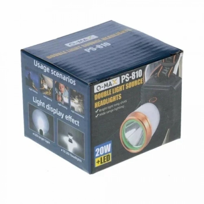 Q-max PS-810 Kafa Lambası, LED Aydınlatmalı Kafa Feneri, Multifonksiyonel 40 Watt + LED 4 Mod Çalışma