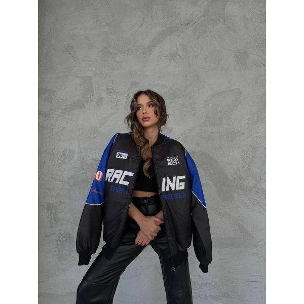 Racing unisex bomber ceket -mavi