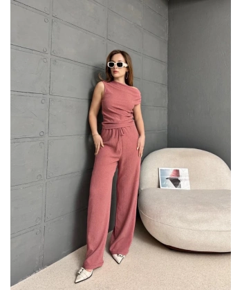 Gofre bluz ve pantolonlu ikili takım