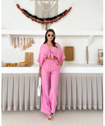 Önden bağlamalı çilek kumaş ikili takım